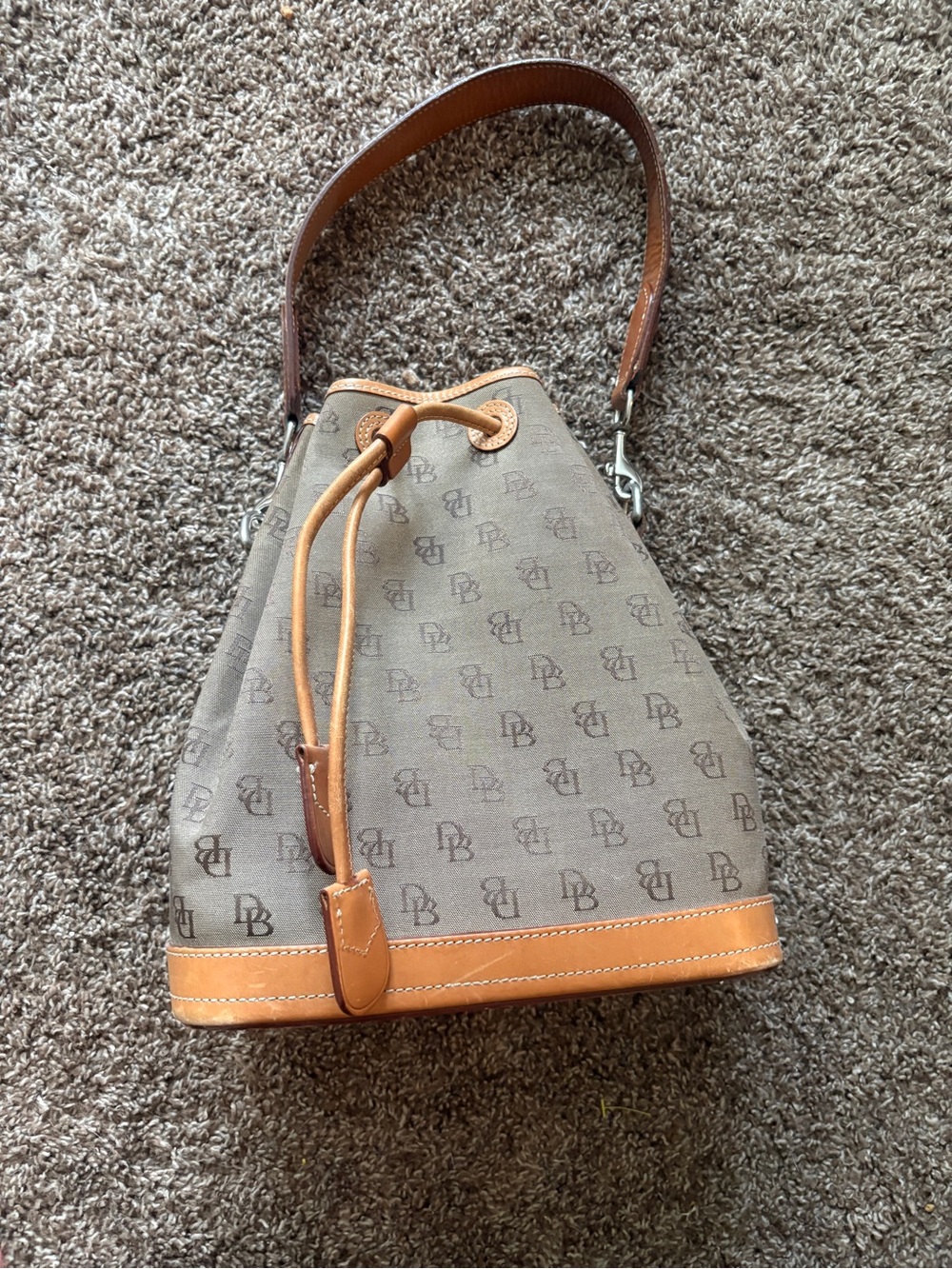 Vintage Dooney & Bourke Tan Monogram Drawstring Bucket Bag